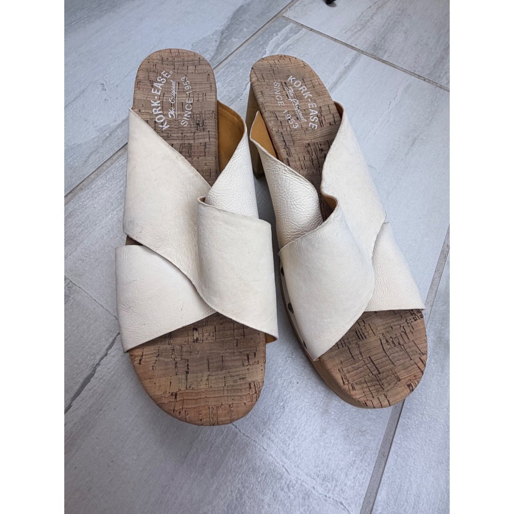 Kork-Ease Cream Leather Platform Sandals WoodBlockHeel Slides KE0007179 Size 10M
